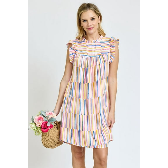 Ivory Water Color Bar Ruffle Trim Shift Dress