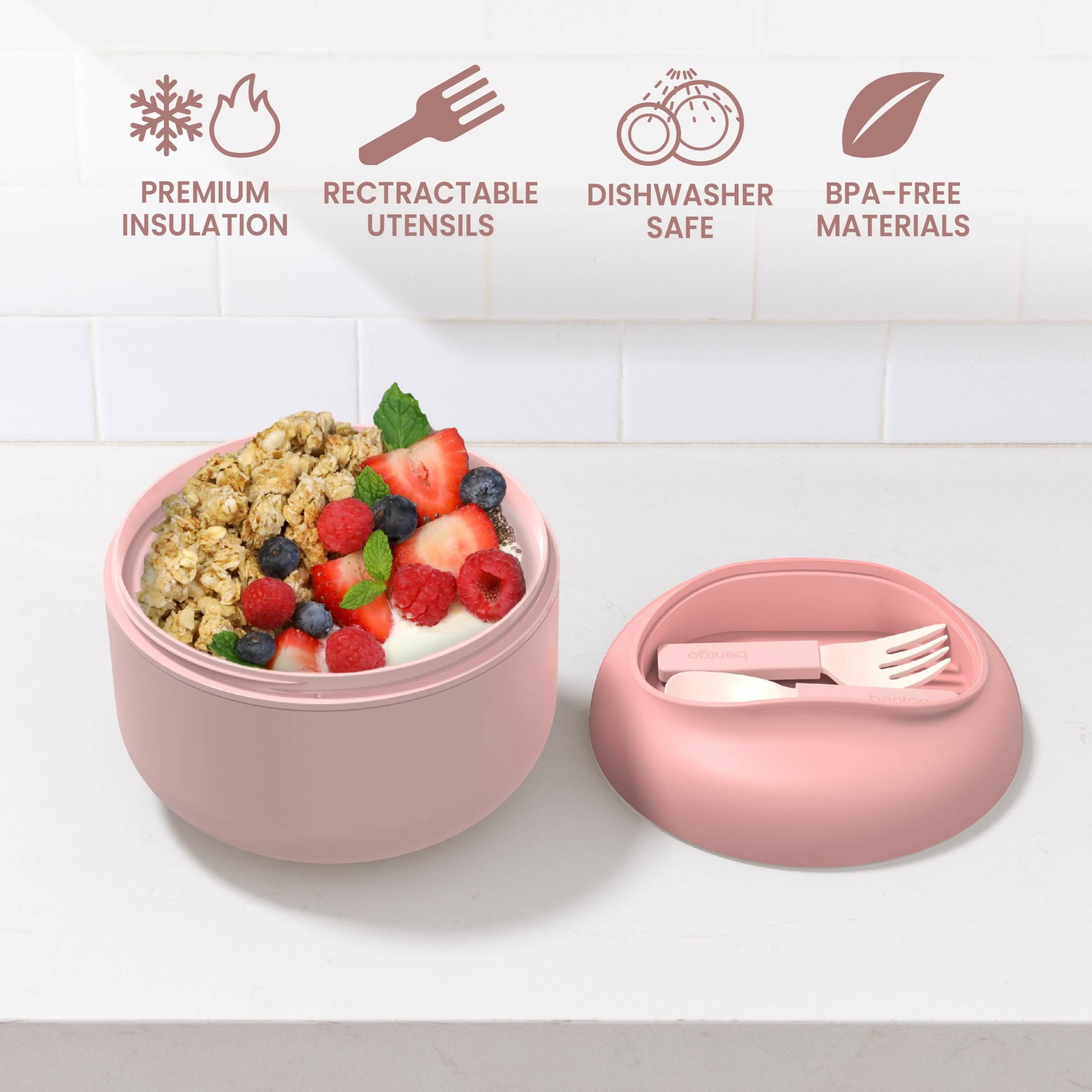 (2 pack) Bentgo Bowl - Insulated Leak-Resistant Bowl with Snack Compartment, Collapsible Utensils and Improved Easy-Grip Design for On-the-Go - Holds Soup, Rice, Cereal & More - BPA-Free, 21.2 oz (Blush)