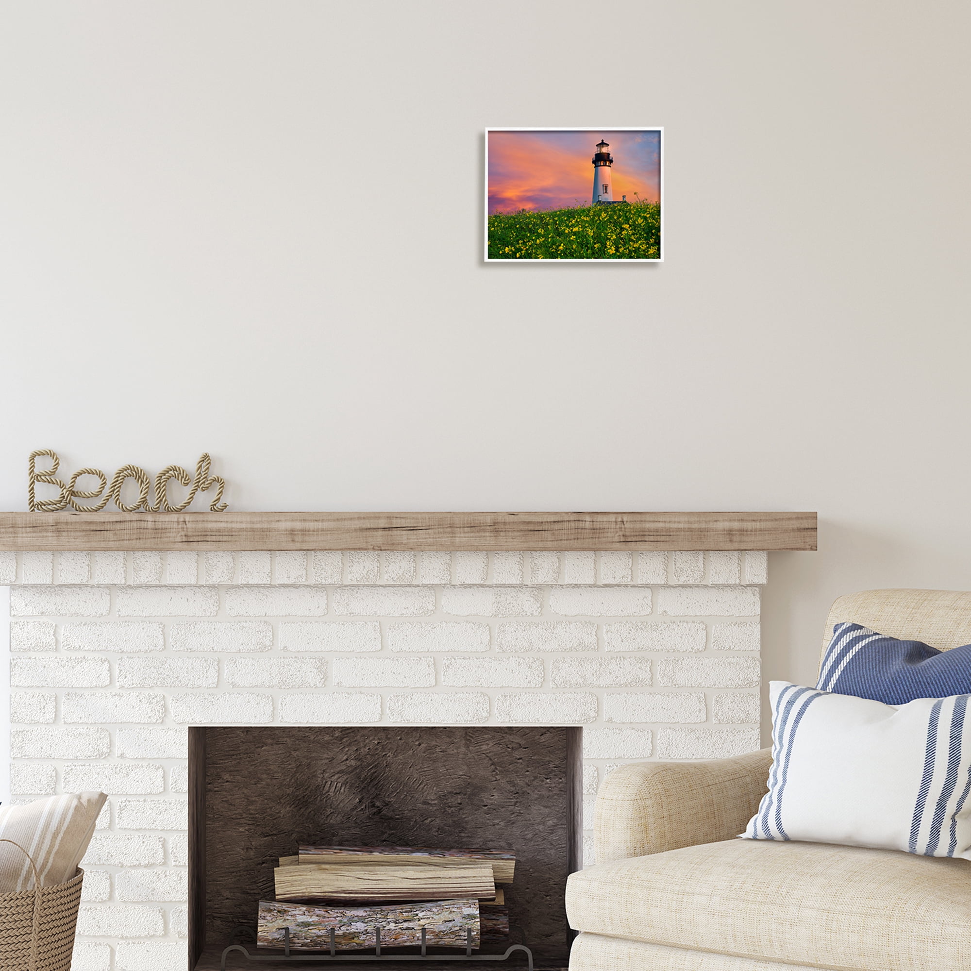 Stupell Industries Lighthouse in Meadow Sunrise Nature Photography White Framed Art Print Wall Art, 14 x 11