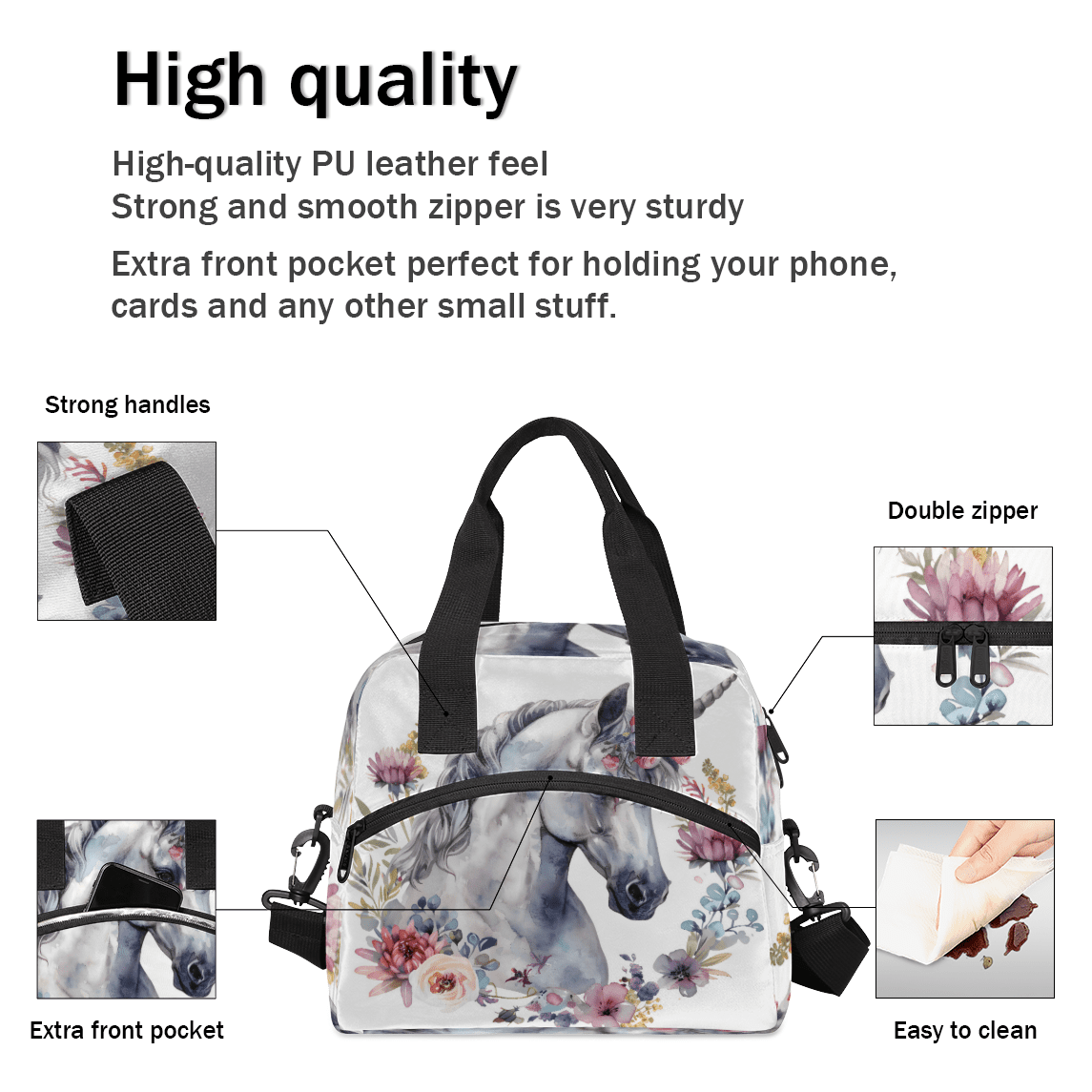 Herdesigns Floral Unicorn Horse Insulated Lunch Bag for Women Men Adults Large Reusable Lunch Box Leakproof Portable Cooler Tote Bags with Adjustable Shoulder Strap