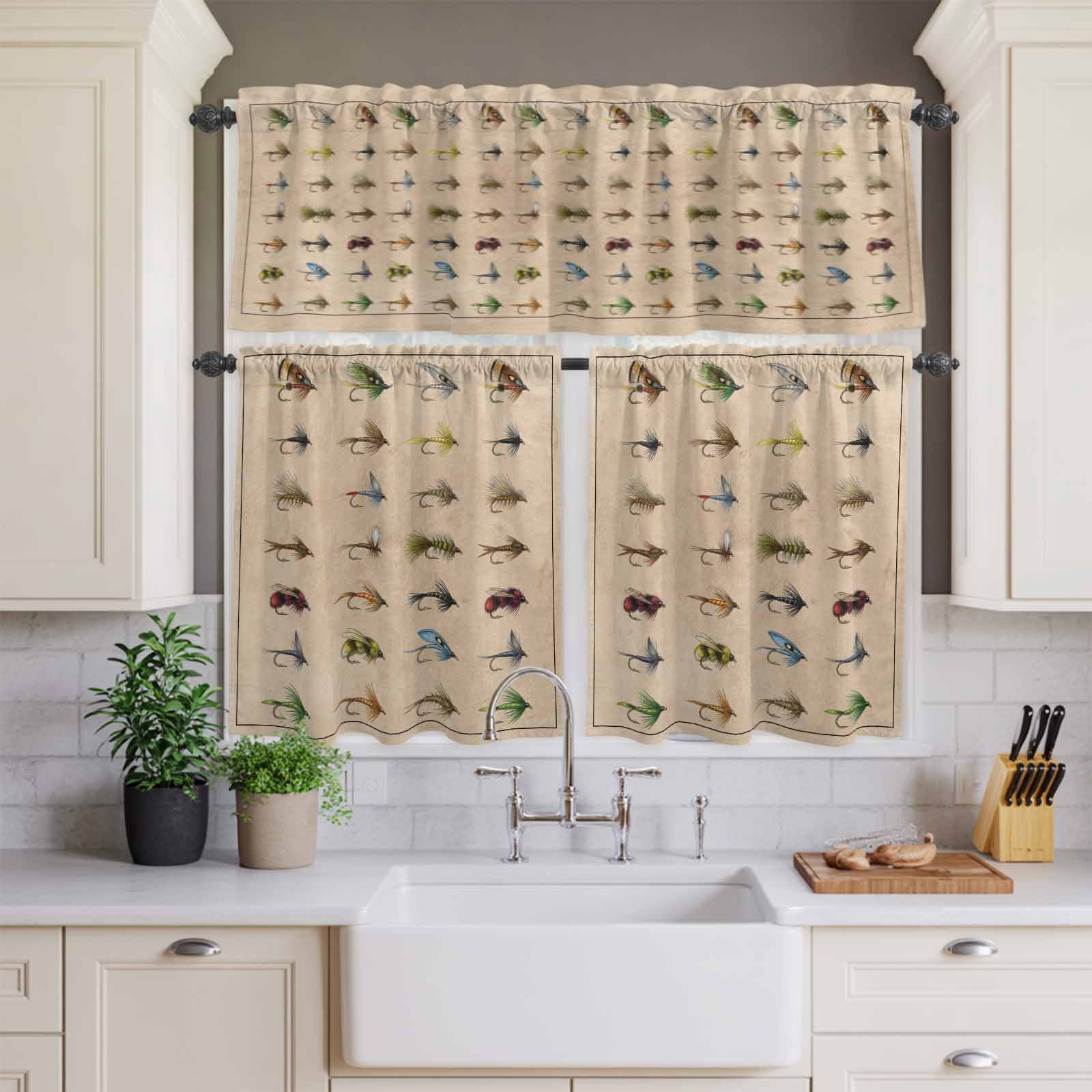 Fish Hook Curtain Valances Set Retro Colorful Fish Hook Biographies Linen Texture Kitchen Curtains 36&nbsp;inch Length Rod Pocket Valance and Tiers 3 Piece Set Small Bedroom Bathroom Laundry Decor