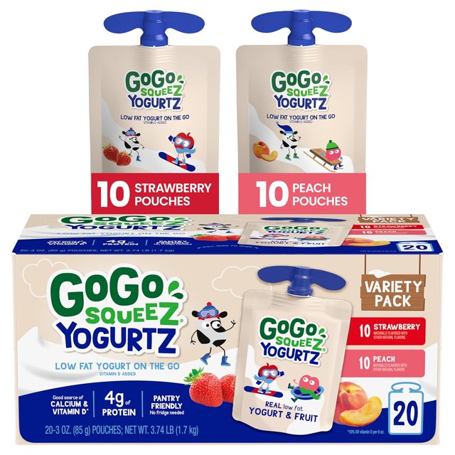 yogurtZ Variety Pack, Strawberry & Banana, 3 oz (Pack of 20), Kids Snacks Made from Real Yogurt and Fruit, No Fridge Needed, Gluten Free, Nut Free, Recloseable Cap, BPA Free Pouches