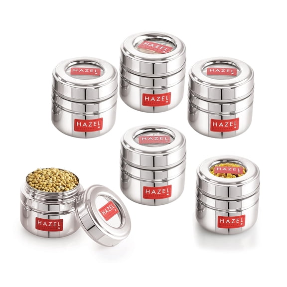 HAZEL Steel Small Container for Kitchen | Transparent Lid Containers for Storage | Small Container for Spices, Set of 6, 200 ML