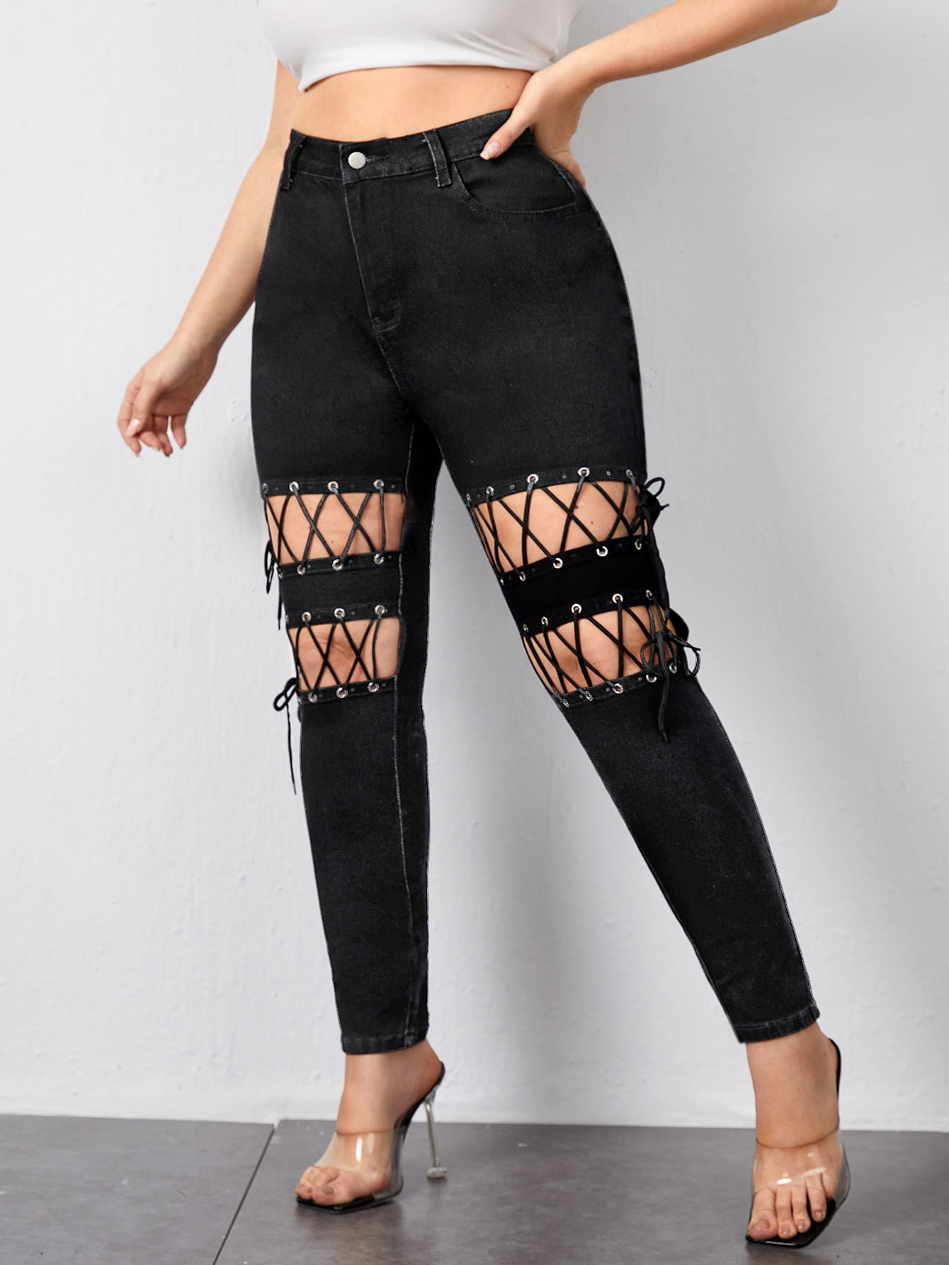 Women's Plus High Waist Eyelet Lace Up 