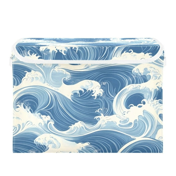 Blue and White Wave Large Storage Bins with Linen Collapsible Lid Storage Box 16.7 x 12.6 x 11.8in