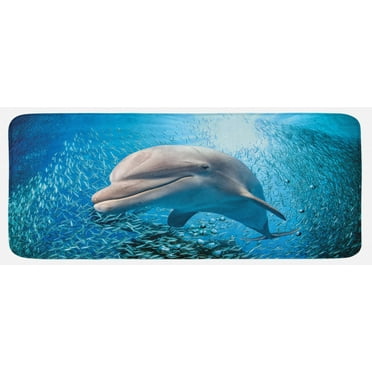Sea Animals Kitchen Mat, Bottlenose Dolphin in the Ocean Fish Sunlight in Marine Natural Underwater, Plush Decorative Kitchen Mat with Non Slip Backing, 47" X 19", Blue Grey, by Ambesonne