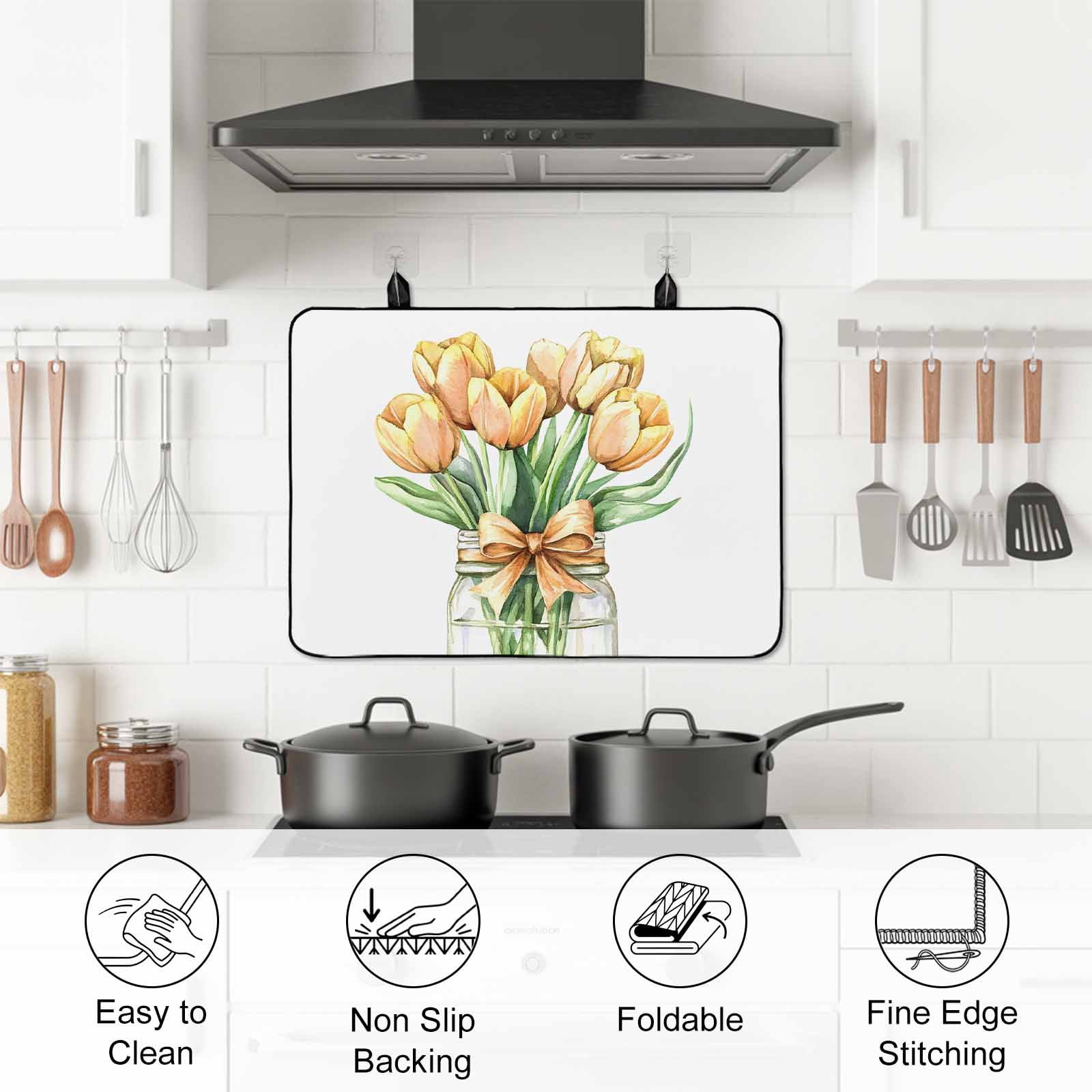 Spring Floral Yellow Stove Top Cover for Electric Stove, Heat-proof & Non Slip Glass Top Stove Cover Protector, Botanical Tulips Flower in Vase Kitchen Flat Cooktop Rubber Mat 24x21 Inches