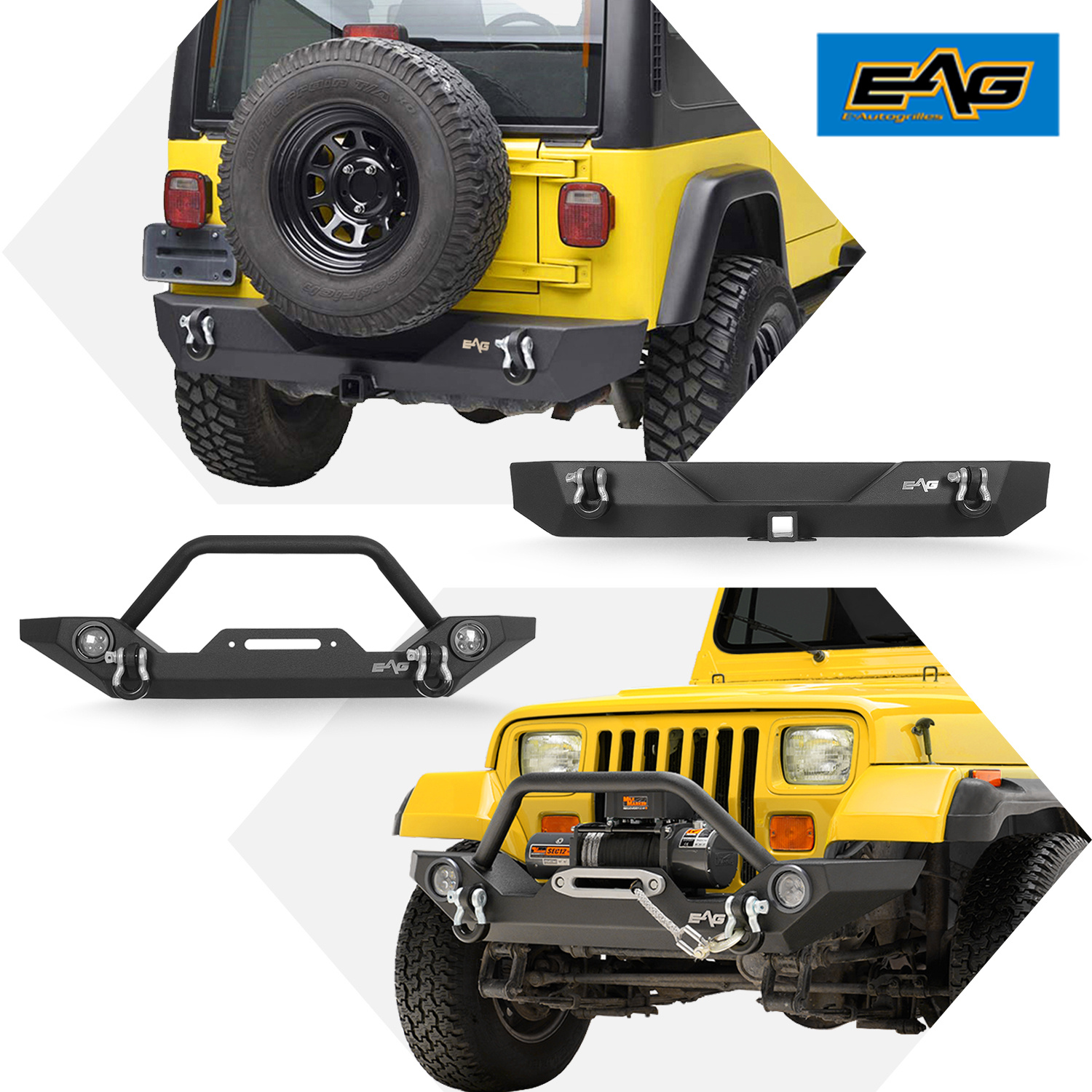 EAG Fits 8706 Wrangler TJ YJ Front Bumper with LED Lights + Rear Bumper Combo Offroad