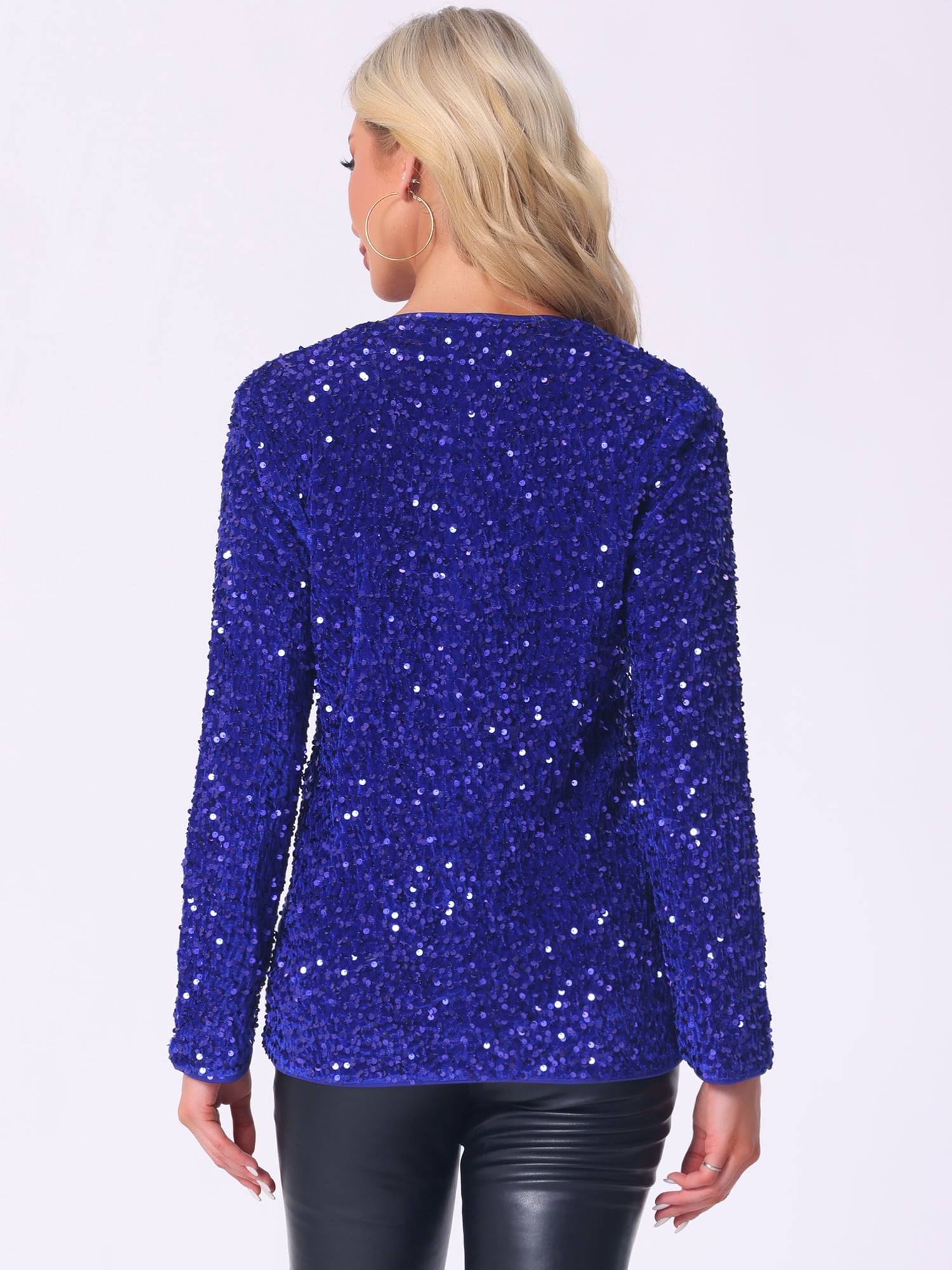 DARING DIVA Sequin Blazer Jacket Sparkly Open Front Cardigan S Blue