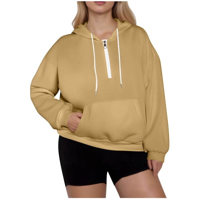 Wensltd Women's Oversized Hoodies Zip-Up Drop Shoulder Long Sleeve Sport Top Drawstring Plus Size Solid Color