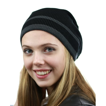 NYfashion101 Trendy Baggy Slouchy & Comfort Knitted Daily Beanie Hat w/Stripe Black/Gray