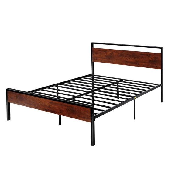 KFFKFF Queen Size Metal Platform Bed Frame, 14-Inch Height with Wooden Headboard and Footboard, Ample Under-Bed Storage, Quiet and Non-Slip Design, No Box Spring Required, Simple Assembly