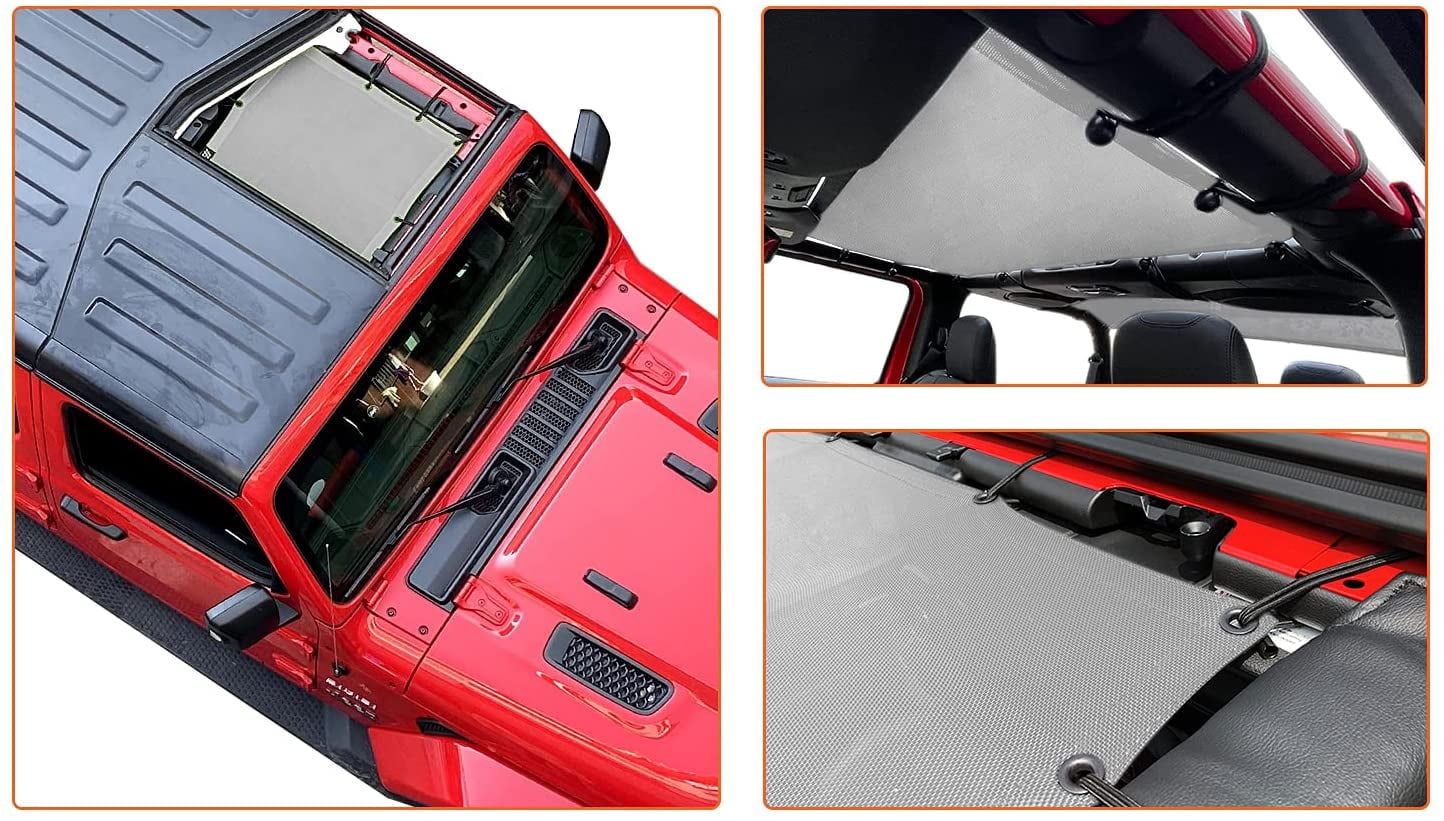 Shadeidea JL Sun Shade for Jeep Wrangler 2 Door Top Sunshade ( 2018 - Current ), Front & Rear - Gray Mesh Screen Wrangler Cover, UV Blocker with Grab Bag Pouch - 10 Years Warranty