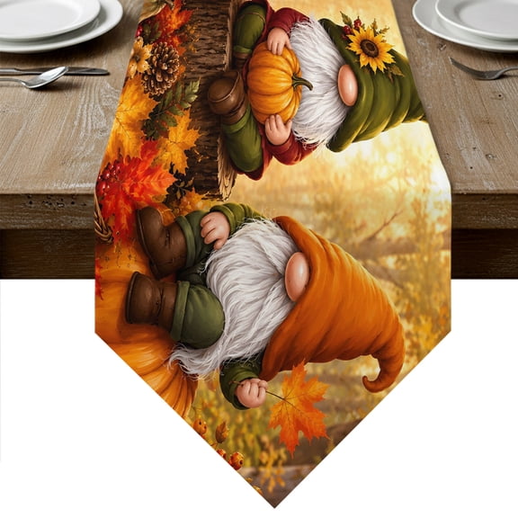 Orange Gnomes Fall Table Runner Linen Burlap Table Runner 90 Inches Long Thanksgiving Pumpkins Forest Dresser Scarves for Kitchen Island Coffee Dining Room Party Wedding Holiday Decoration 13"x90"