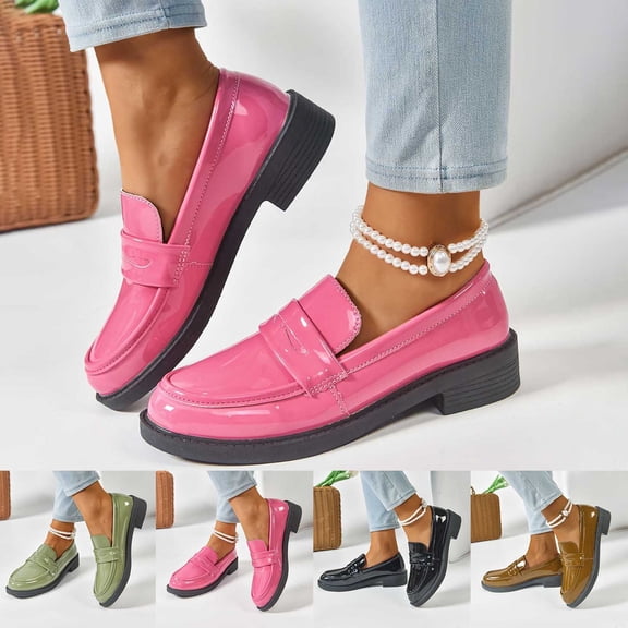 Hinvhai Women's Leather Chunky Platform Loafers Retro Round Toe Lug Sole Non-Slip Slip-On formal Shoes for Work, Party, Evening Pink 9(42)