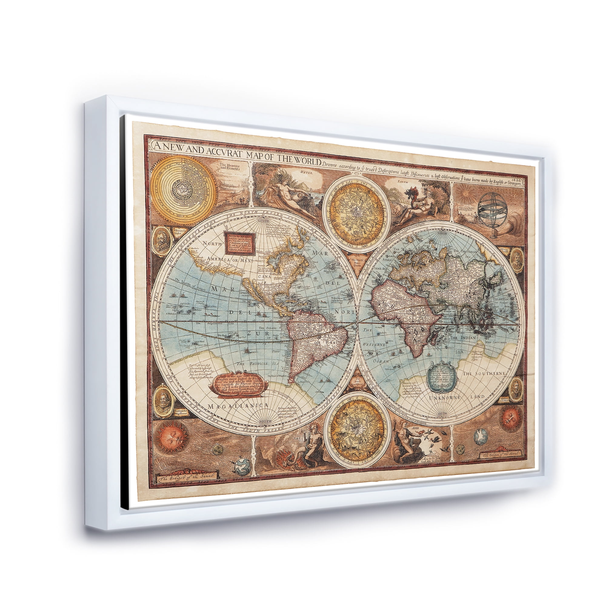 Designart 'Vintage Map of The World VIII' Vintage Framed Canvas Wall Art Print