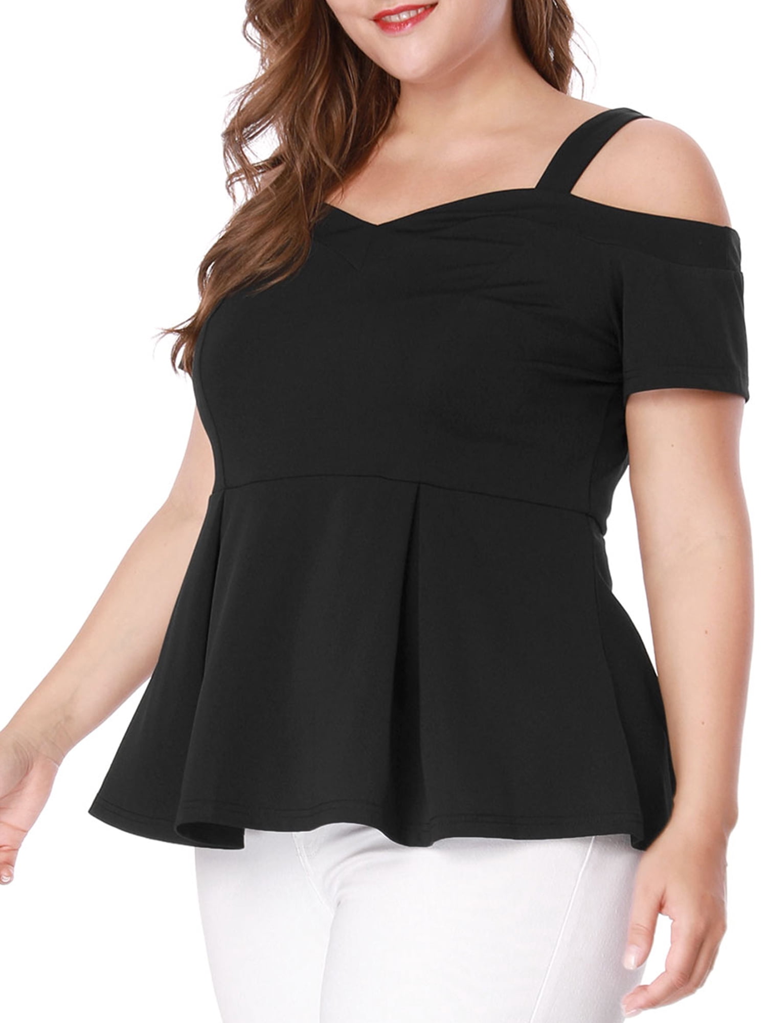 Unique Bargains Women's Plus Size Off Shoulder Peplum Summer High Waist Top 3X Black