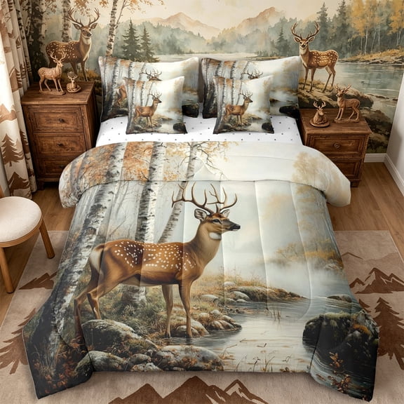 Castle Fairy Vintage Oil Paint Spotted Deer 7-Piece Twin Bedding,Autumn Birch Creek Pine Bedding Comforter Set,Ochre Brown Cream,Reversible