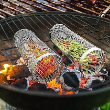Grill Basket  Rolling Grilling Baskets for Outdoor Grilling  Stainless Steel Grill Mesh Barbeque Grill Accessories  Portable Grill Nets Cylinder for Fish Shrimp Meat Vegetables (2pc/11.8in)