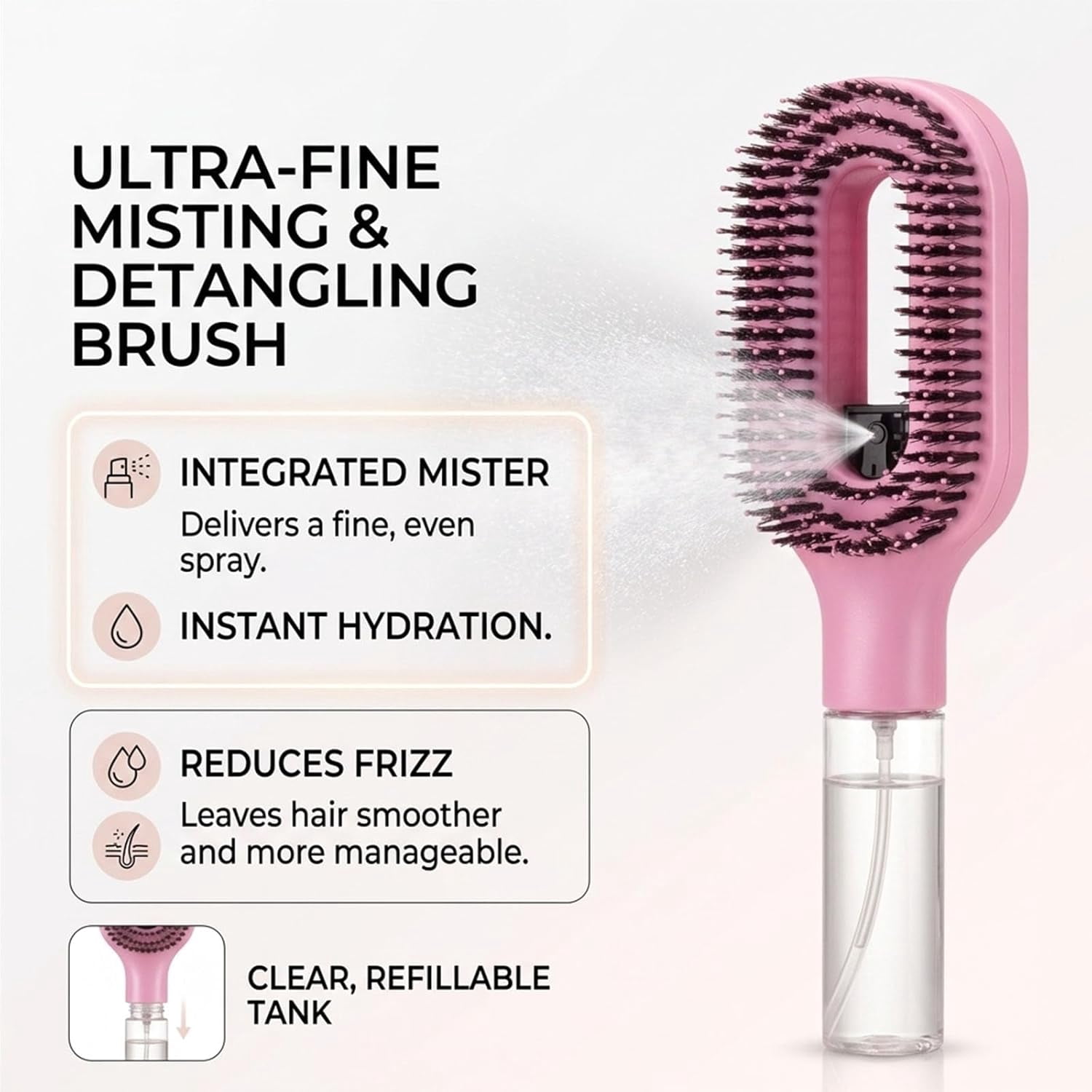 Hair Brush with Water Spray, 2-in-1 Detangling Spray Brush for Wet & Dry Hair, Hydrating Hairbrush Mister, Straight & Curly Hair Styling Comb (Black)