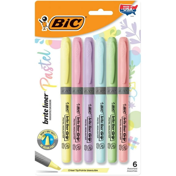 BIC Brite Liner Grip Pastel Highlighter Set, Chisel Tip, 6-Count Pack of Pastel Highlighters in Assorted Colours, Cute Highlighters for Bullet Journaling, Note Taking and More
