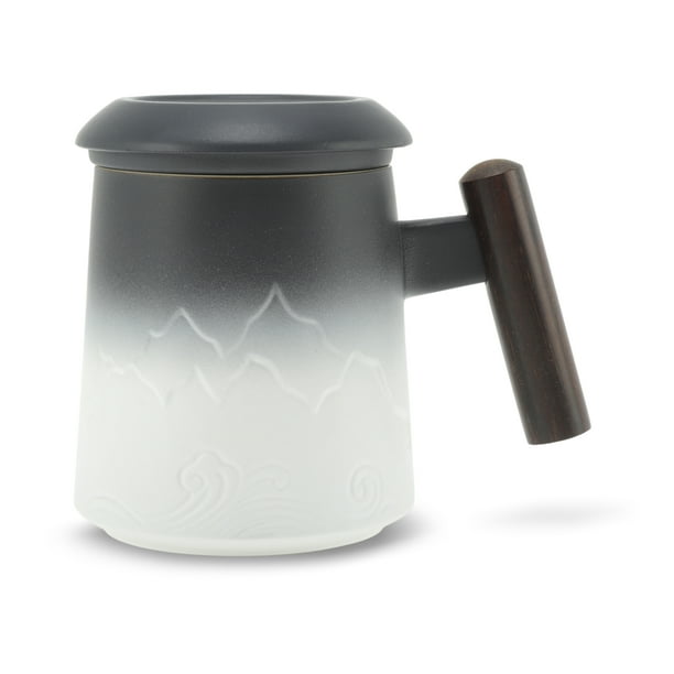 Taza de Té con Infusor Unique Bargains 13.5oz Taza de Cerámica con Mango de Madera y Tapa Colador de Té para Infusión de Hojas Sueltas Negro&Blanco