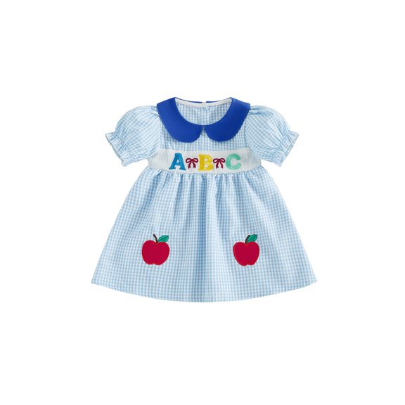 BemeyourBBs Toddler Baby Girls Back to School Dress Kids Kindergarten Outfits Baby Girl Summer Smocked Plaid Gingham Dress Puff Short Sleeve Doll Collar Apple Letter Bow Embroidered Casual Dress