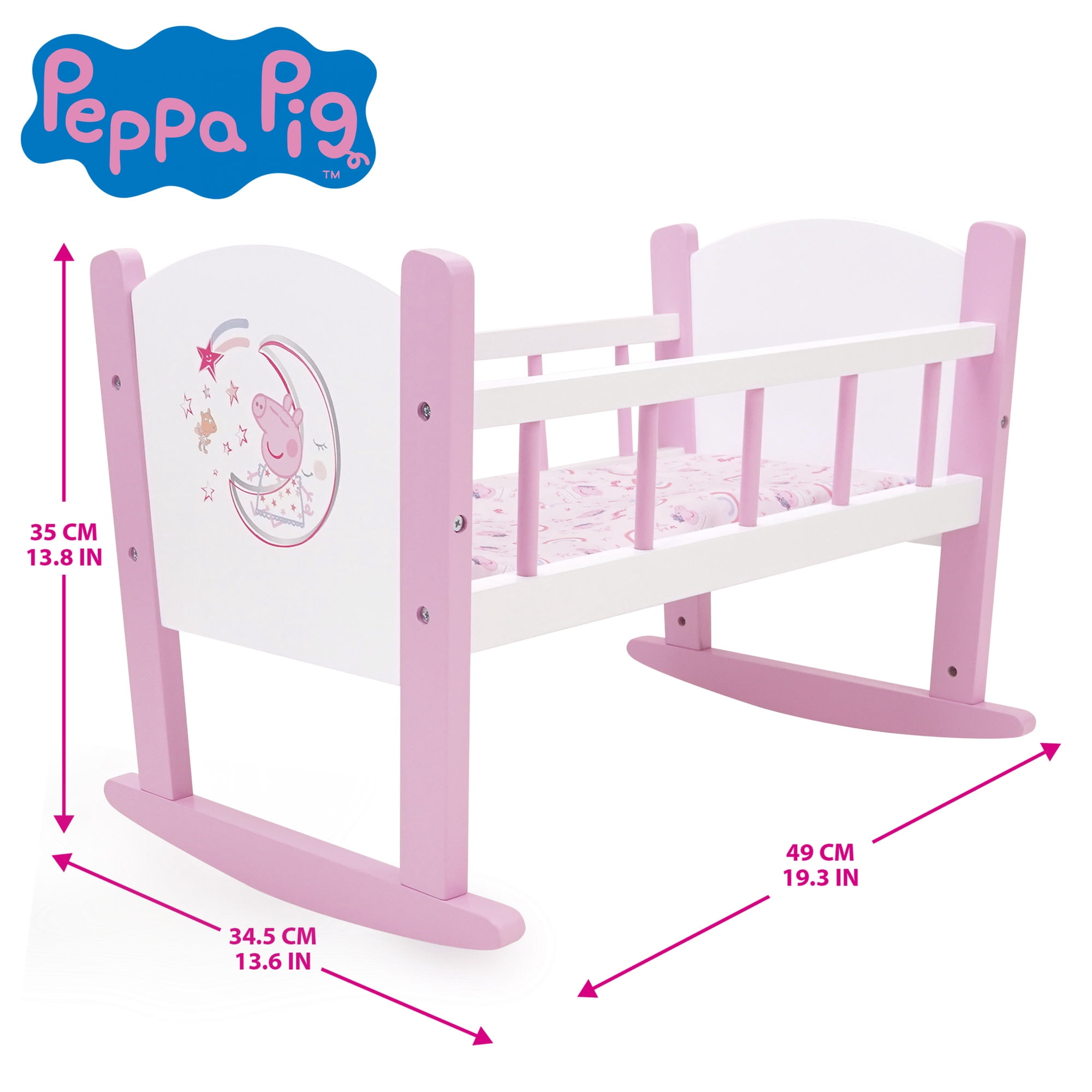 509 Crew: Peppa Pig - Wooden Doll Cradle - Pink-White-Moon, Rocking Bed, Pillow & Blanket, Doll & Plush Sleeping Accessory, Roleplay Toy, Kids 3+