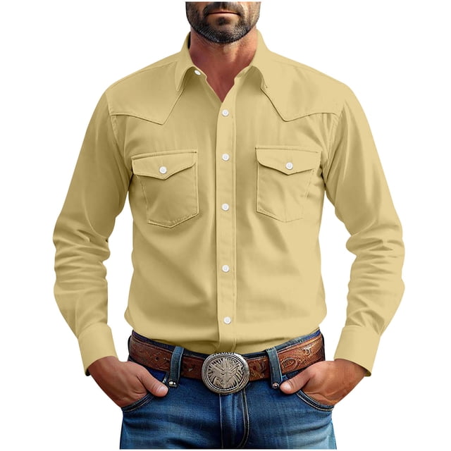 LOVZFMLL Men's Shirts, Solid Casual Button-Down Shirt with Front Pocket, Essential for Work, V-Neck Relaxed Fit Long Sleeve Fall Clothes
