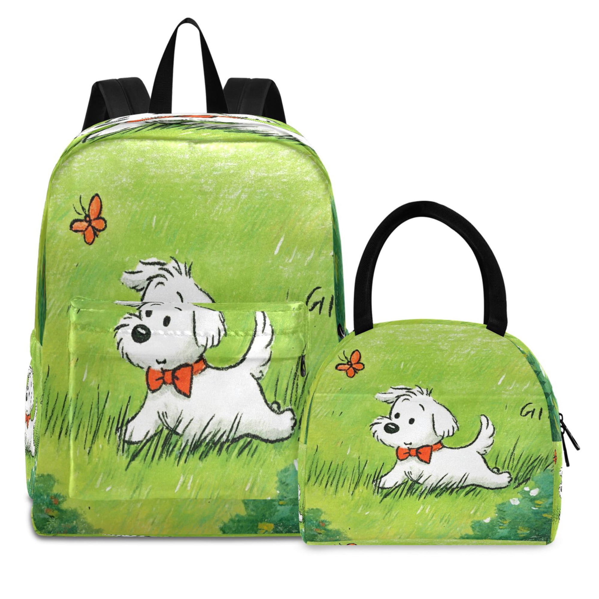 Iauyy universal Backpacks and Lunch Bag Set Daycare Bag for Man and Woman Multi-pocket Double Zipper Design for School Daycare Outings, A White Puppy