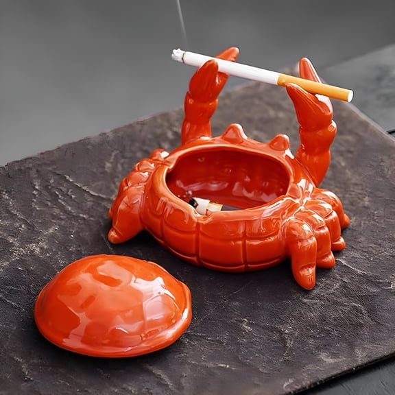 TENIRO Ashtray with Lid,Windproof Tabletop Ceramic Cigarette Ash Tray for Outside Or Inside,Crab Decor