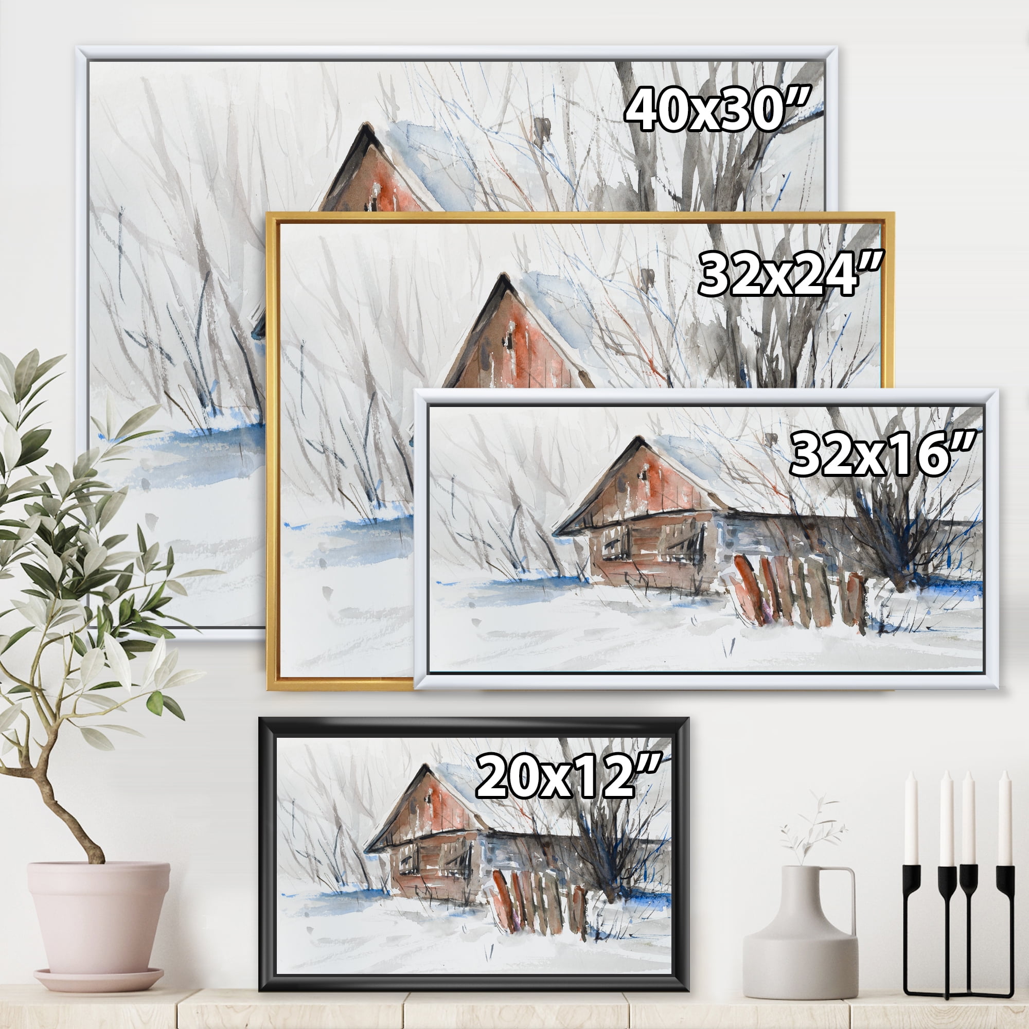 Designart 'Old Abandoned Wooden House In Winter Snow Picture' Traditional Framed Canvas Wall Art Print