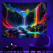Simpkeely Blacklight Fantasy Waterfall Planet Tapestry UV Reactive Nature Tapestry Neon Landscape Mountain Wave Tapestry Wall Hanging - 51.2 x 59.1
