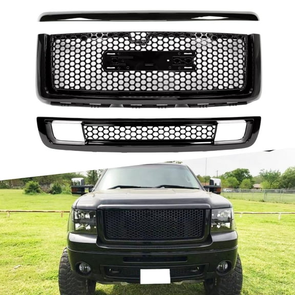 ONEPI Gloss Black Front Grill Upper Trim Lower Grill Kit Compatible with GMC Sierra 1500 2007 2008 2009 2010 2011 2012 2013 Models, No Emblem