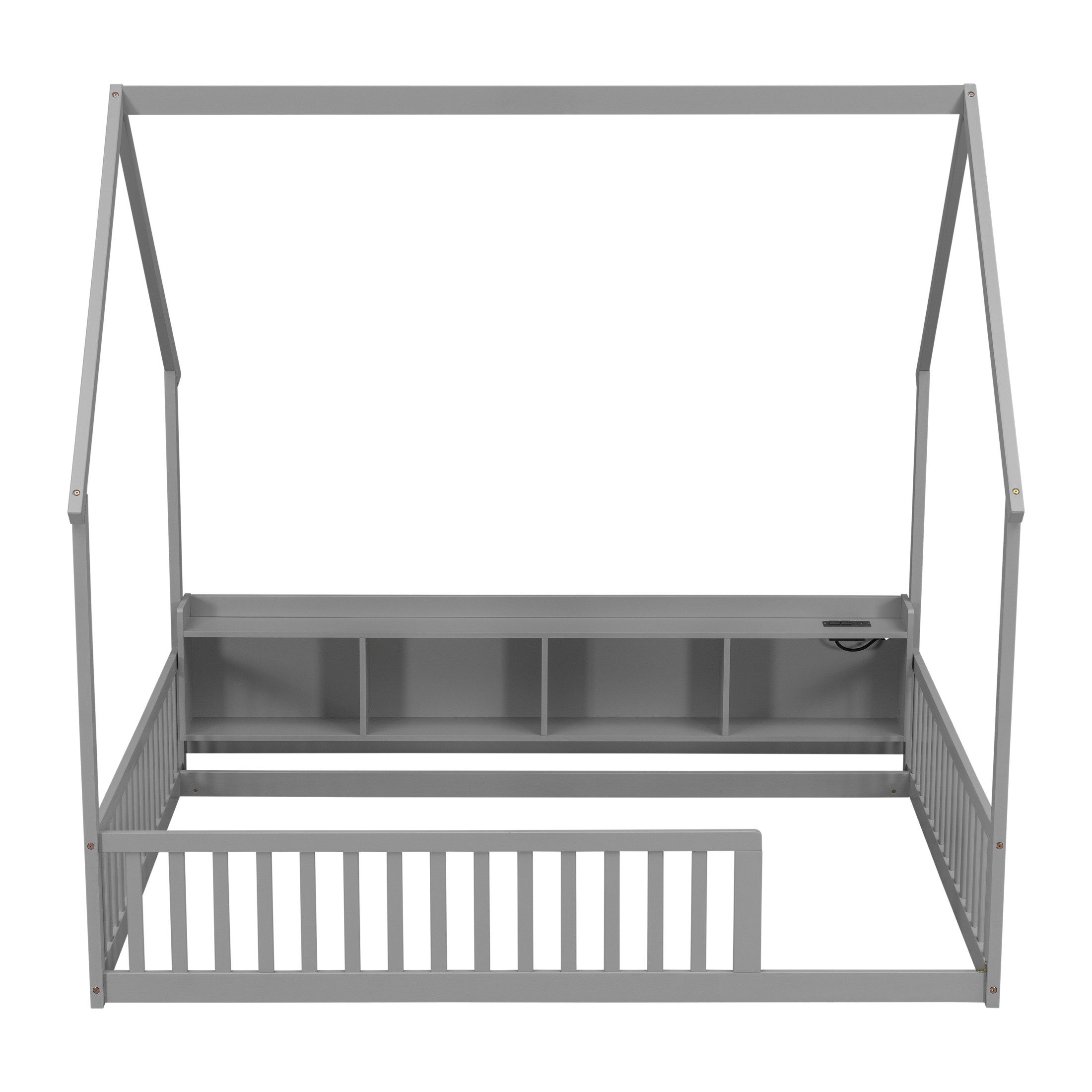 Noble House Norra Full Size Pine Wooden House Floor Bed with Storage Shelves, LED Lights & Charging Station, Grey