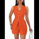 thumbnail image 2 of Conjuntos de Verano de 2 Piezas para Mujer, Sin Mangas, con Cuello en V, Abotonado, Chaleco y Pantalones Cortos con Bolsillos. Naranja Rojo S, 2 of 10