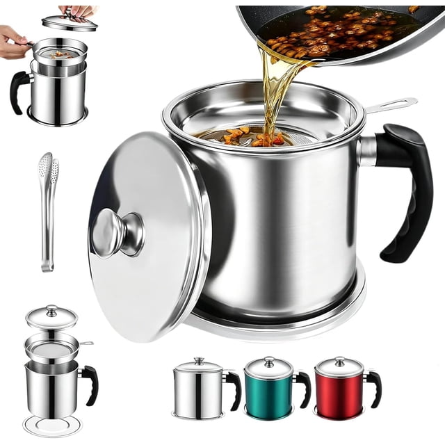 2026 New Stainless Steel Oil Filter Pot Can, Large Capacity Grease Container Stainless Steel, Bacon Grease Saver Strainer And Strainer Lid Kitchen for Filtering Separating Reusing Oil(Silver)