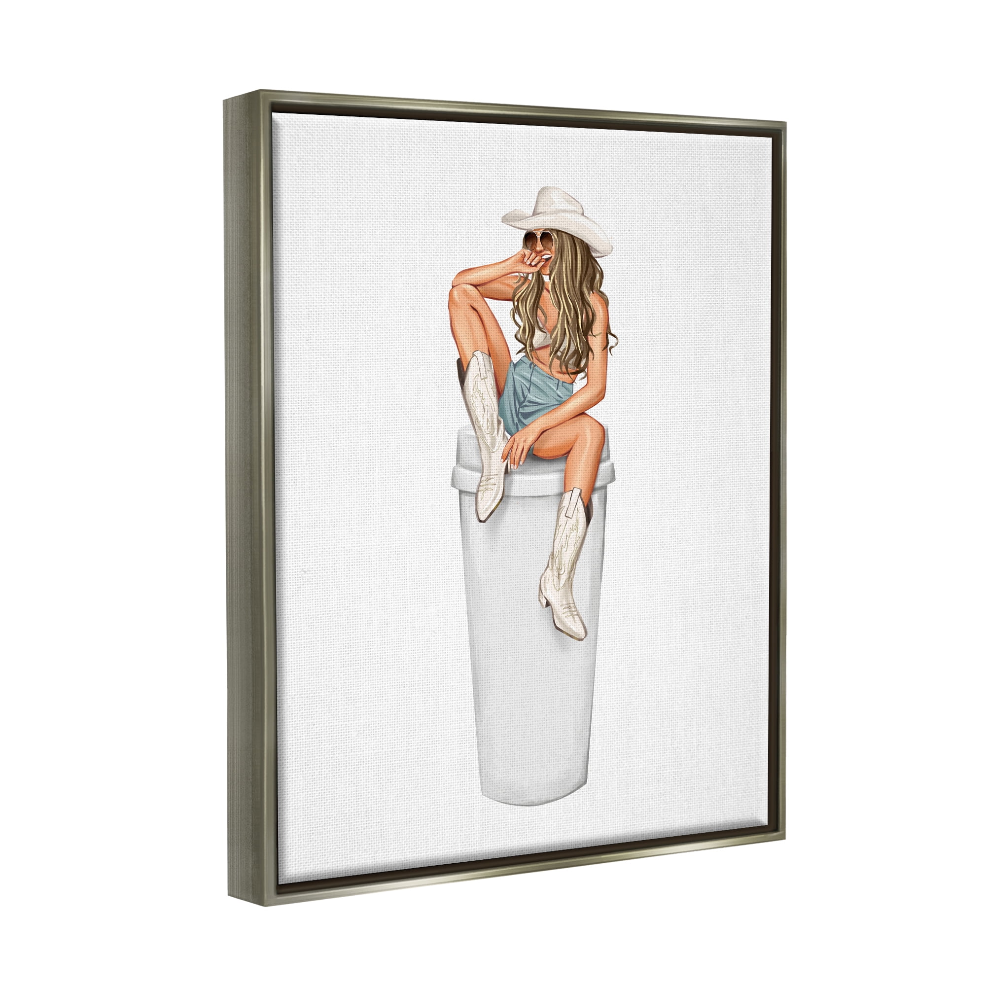 Stupell Morning Coffee Country Cowgirl Beauty & Fashion Painting Gray Floater Framed Art Print Wall Art