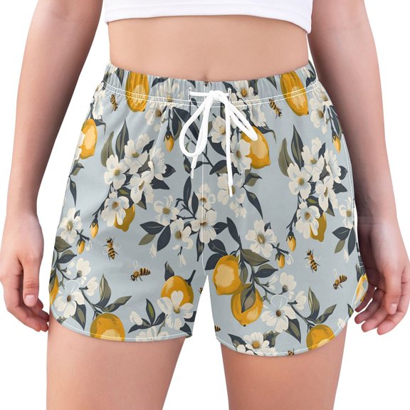 FORMRS Womens Swim Shorts Mesh Liner Quick Dry Casual Beach Board Bottom with Pockets, Sizes S-2XL, Blue Lemons Pattern