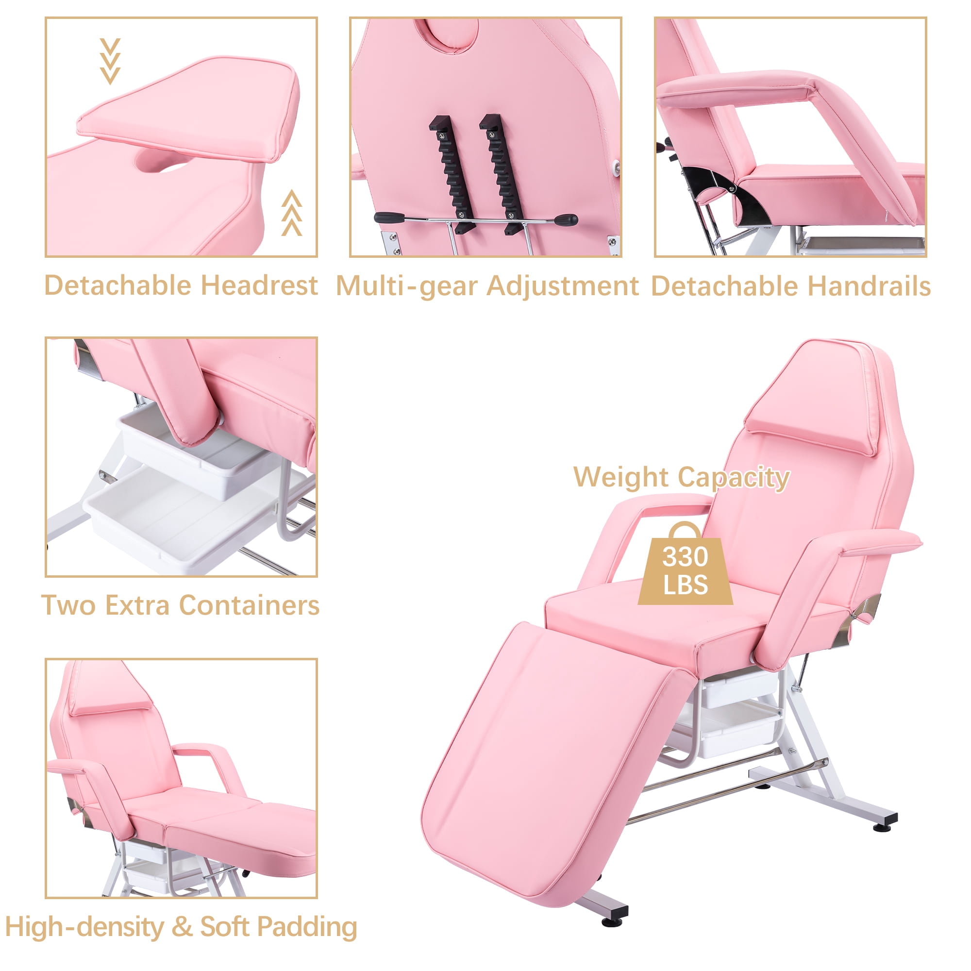 Thanaddo Tattoo Chair Massage Salon with Two Trays， Esthetician Bed with Hydraulic Stool,Multi-Purpose 3-Section Facial Bed Table, Adjustable Beauty Barber Spa Beauty Equipment Pink