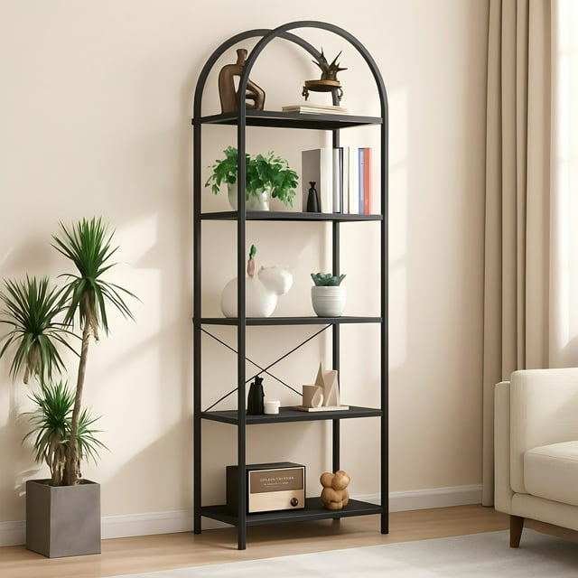 5-Tier Arched Bookshelf, Industrial Style Open Bookcase with Metal Frame, Freestanding Display Shelving Unit for Living Room, Bedroom, Office Storage