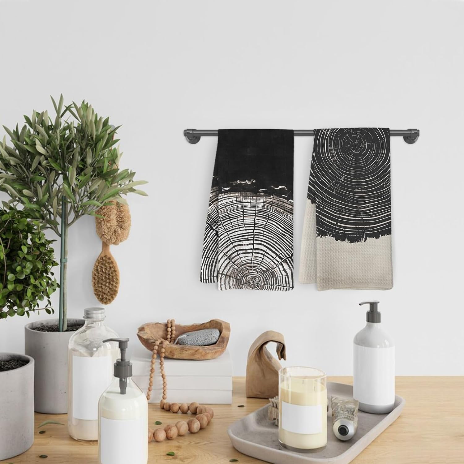 Abstract Tree Rings Decor Kitchen Towels and Dishcloths Set of 2, Black and Beige Dish Towels, Mid Century Rustic Decorative Hand Tea Towels for Bathroom Kitchen, 16×24 Inch