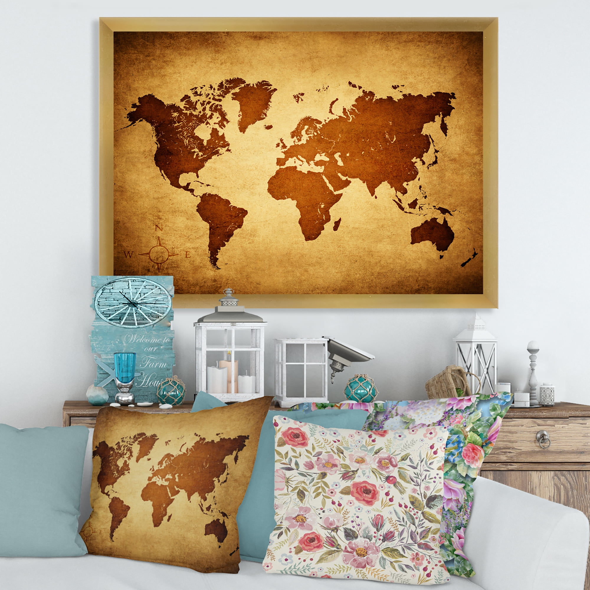 Designart 'Ancient World Map VI' Vintage Framed Art Print