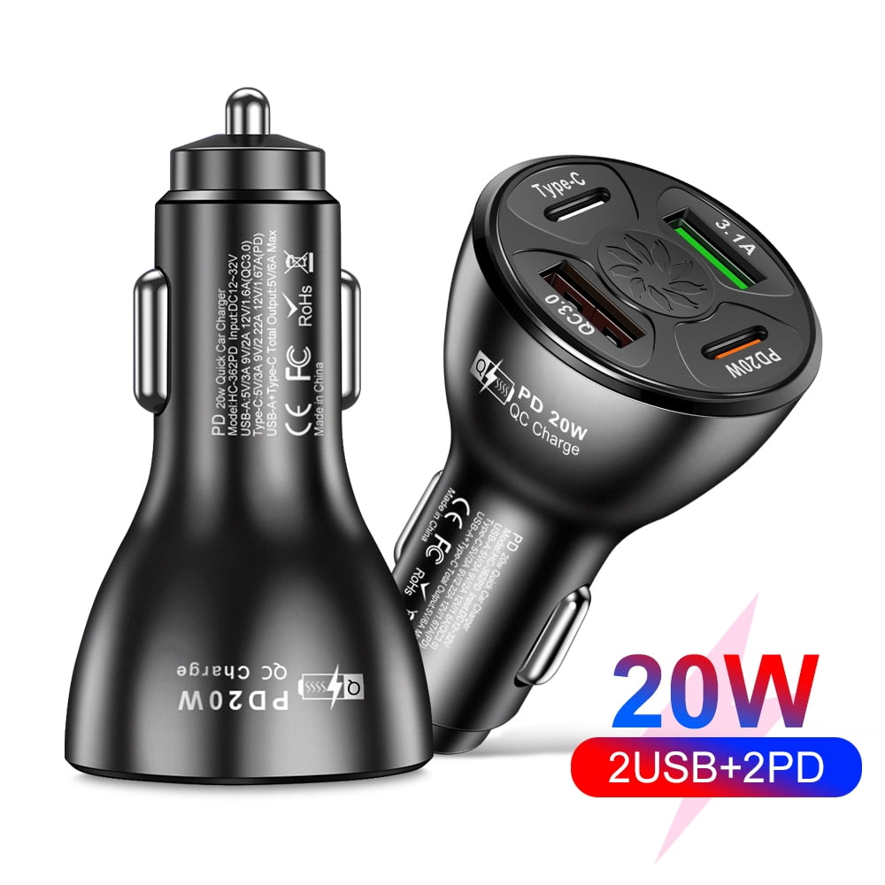 4 Ports USB TypeC PD 20W Car Charger Splitter Auto Quick Fast Charging