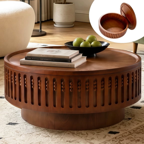 HIUU 31" Walnut Round Coffee Table with Hidden Storage Option,Boho Accent Coffee Table with Flip-Top Storage,Wooden Coffee Tables for Living Room