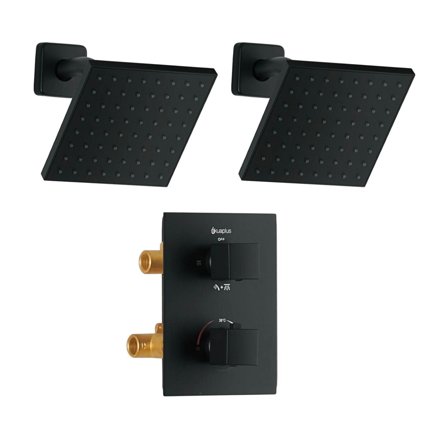 Ensemble de douche thermostatique carrée d'akuaplus(MD) avec Déviateur 4 voies et 2 pommeaux de douche de 6 pouces fini noir mat