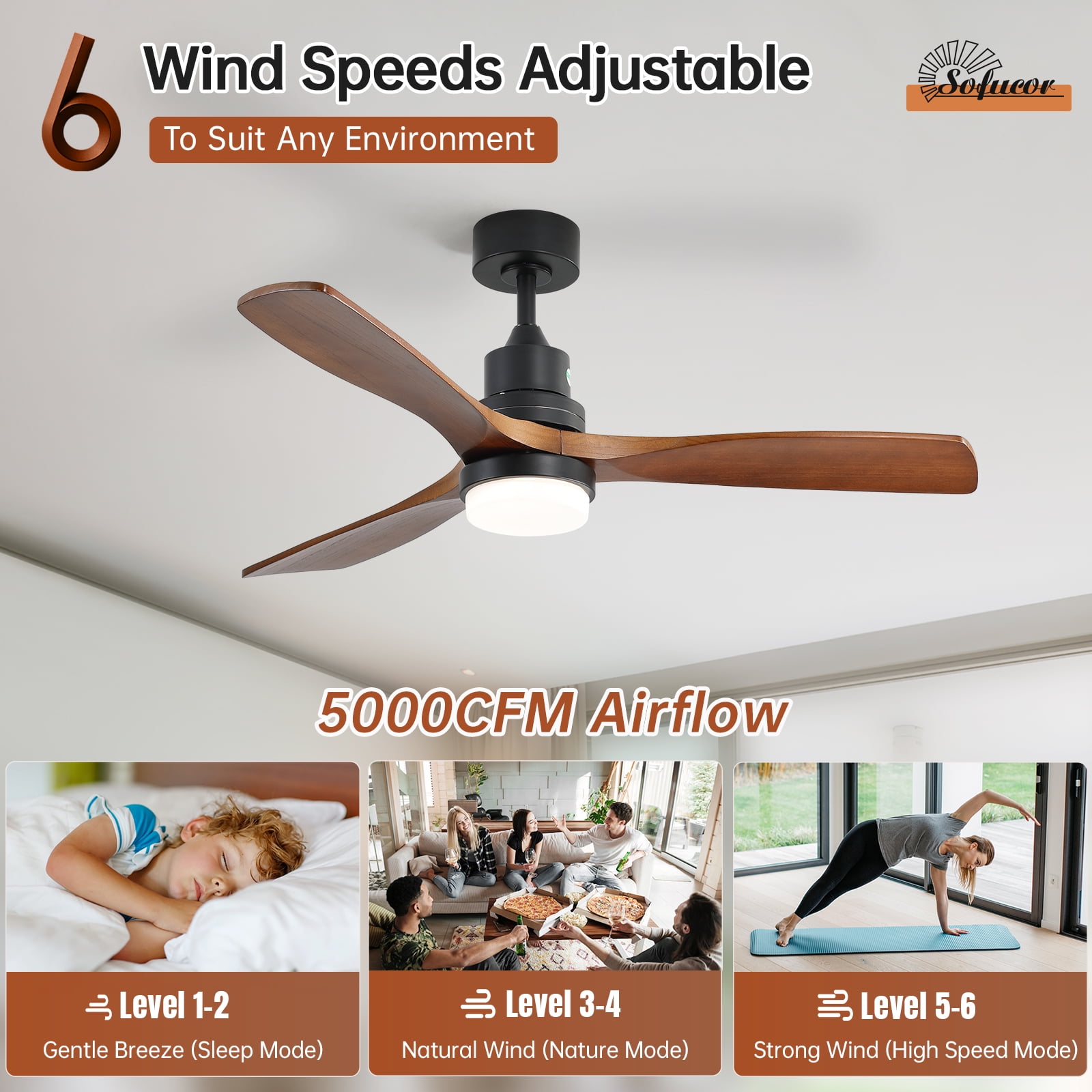 Sofucor Low Profile Ceiling Fan With Lights Remote Control 52 Inch Flush Mount Ceiling Fan Modern Wood Blade Fan For Bedroom Living Room Indoor Outdoor Farmhouse Patio, Noiseless DC Motor