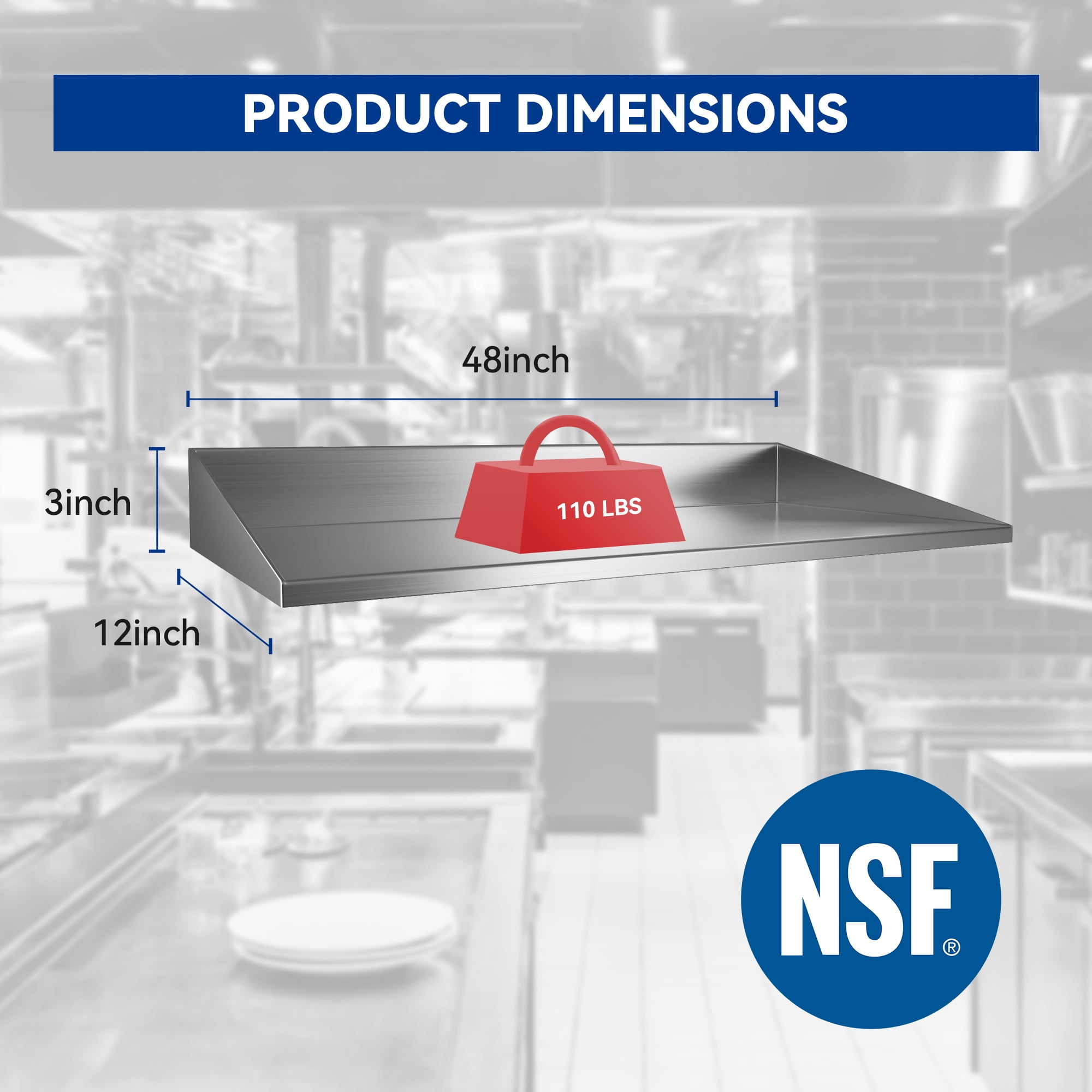 Dextrus 12" x 48" Stainless Steel Shelf, Wall Mount Shelving for Restaurant, Kitchen, Home and Hotel, 110 lbs