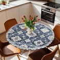 thumbnail image 2 of Bohemian White Blue Floral Elastic Fitted Round Table Cover Vintage Ethnic Style Waterproof Outdoor Tablecloth for Holiday Party, Picnic, Patio & Dining Fits Tables Up to 45"-54", 2 of 8