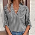 thumbnail image 2 of qolati Women's Striped Long Sleeve Shirts Casual V Neck Button Rolled Sleeve Tunic Blouse 2024 Summer Loose Beach Holiday Dressy Tee Tops, 2 of 7